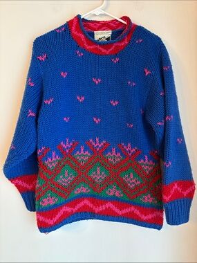 Vintage roll neck Fair Isle Pattern hand knit colorful wool sweater women’s MED